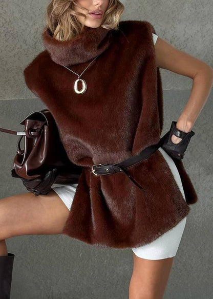Fine Coffee Turtleneck Side Open Fluffy Waistcoat Sleeveless