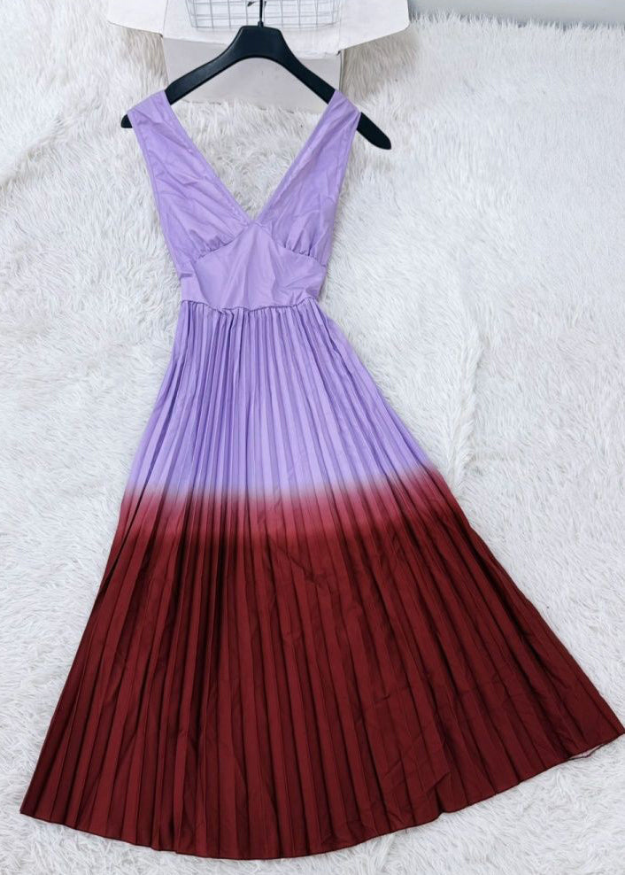 Fine Colorblock Backless Elastic Waist Long Spaghetti Strap Dress Summer
