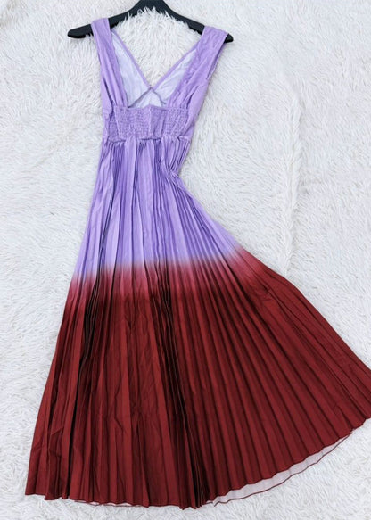 Fine Colorblock Backless Elastic Waist Long Spaghetti Strap Dress Summer
