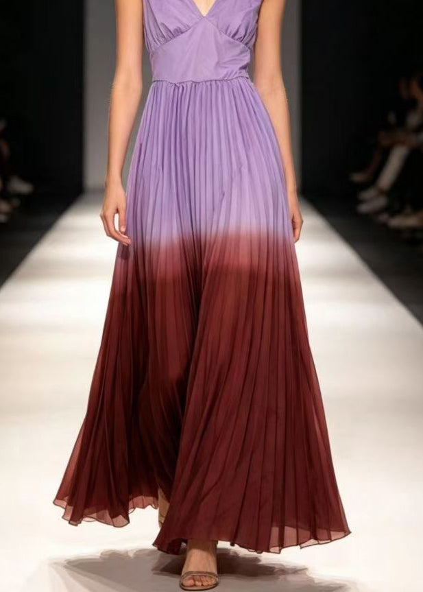 Fine Colorblock Backless Elastic Waist Long Spaghetti Strap Dress Summer