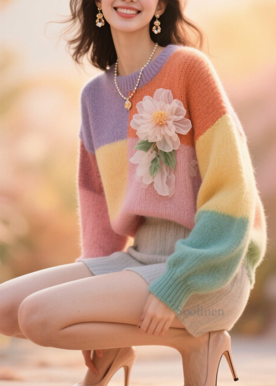 Fine Colorblock O Neck Patchwork Knit Sweater Tops Fall