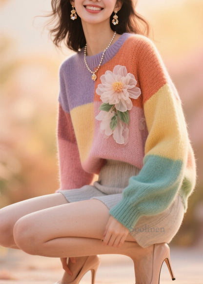 Fine Colorblock O Neck Patchwork Knit Sweater Tops Fall