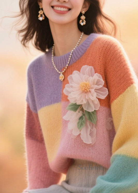 Fine Colorblock O Neck Patchwork Knit Sweater Tops Fall