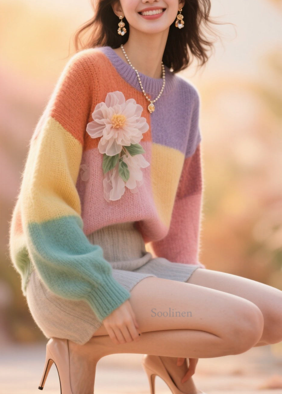 Fine Colorblock O Neck Patchwork Knit Sweater Tops Fall