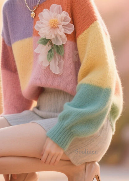 Fine Colorblock O Neck Patchwork Knit Sweater Tops Fall