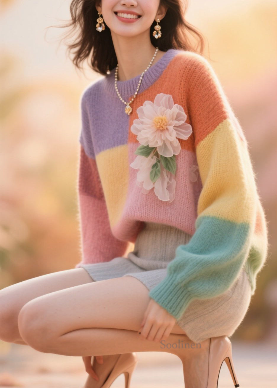Fine Colorblock O Neck Patchwork Knit Sweater Tops Fall