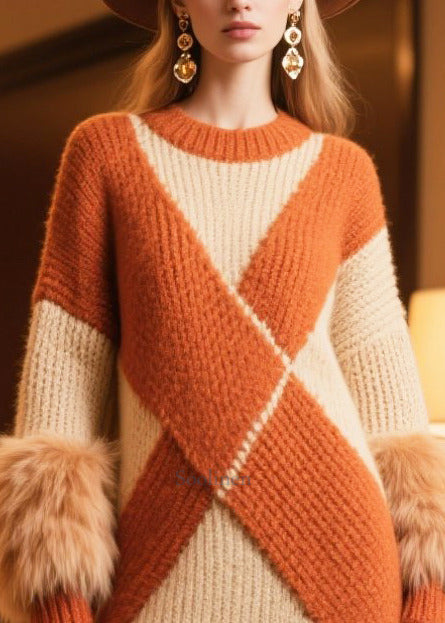 Fine Colorblock Patchwork Faux Fur Long Sweater Winter