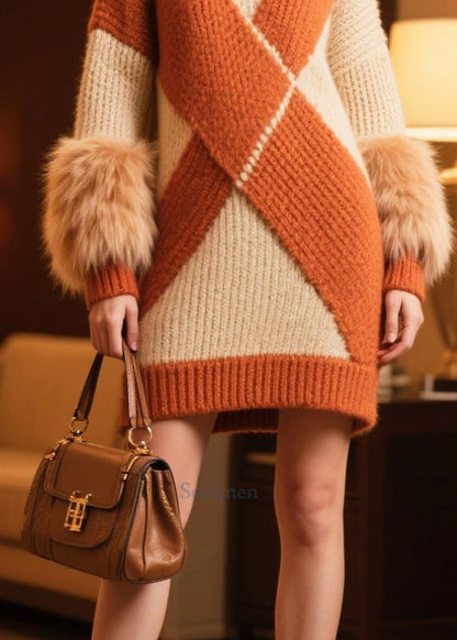 Fine Colorblock Patchwork Faux Fur Long Sweater Winter