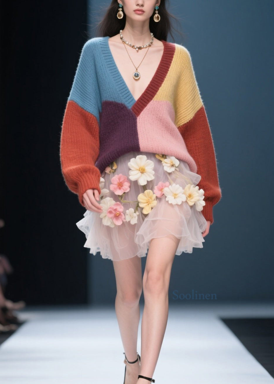 Fine Colorblock V Neck Knit Sweaters Top Fall