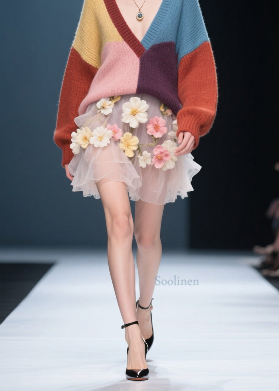 Fine Colorblock V Neck Knit Sweaters Top Fall