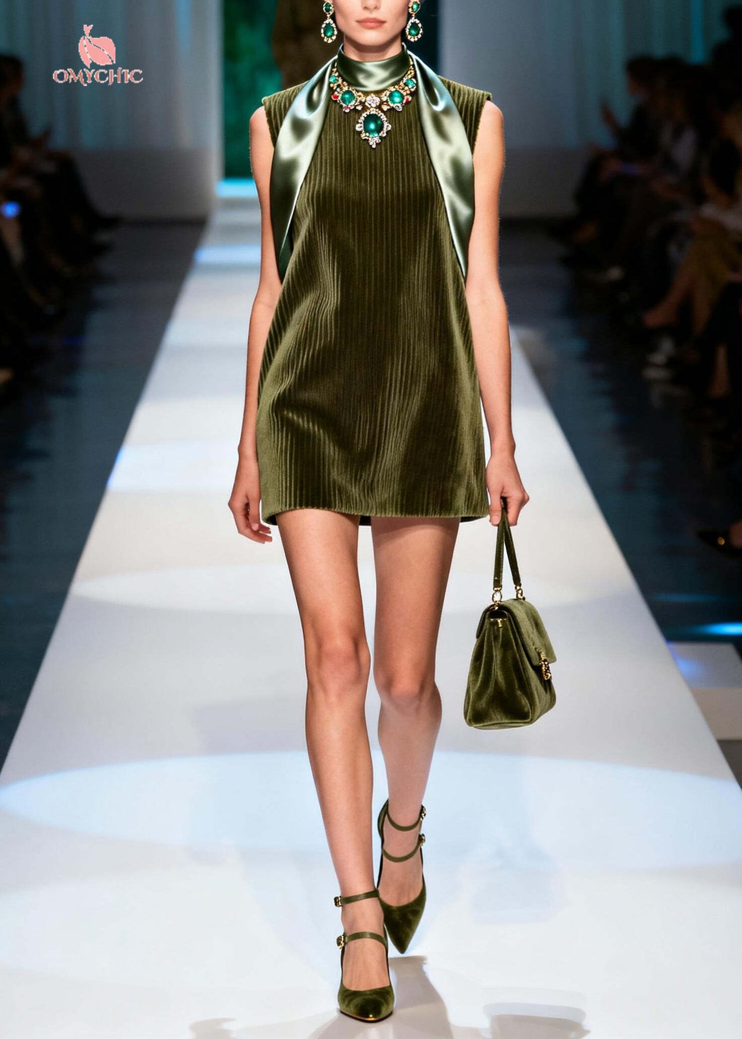 Fine Dull Green Patchwork Corduroy Mid Dress Sleeveless