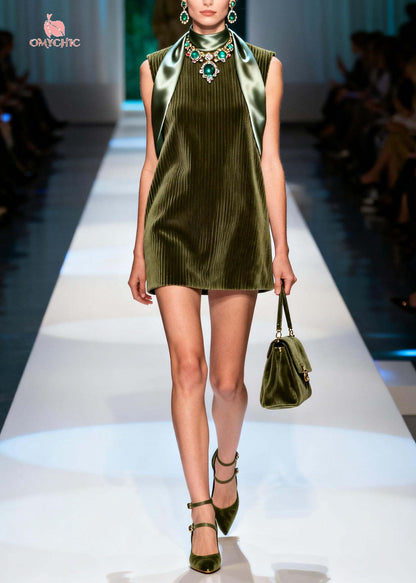 Fine Dull Green Patchwork Corduroy Mid Dress Sleeveless