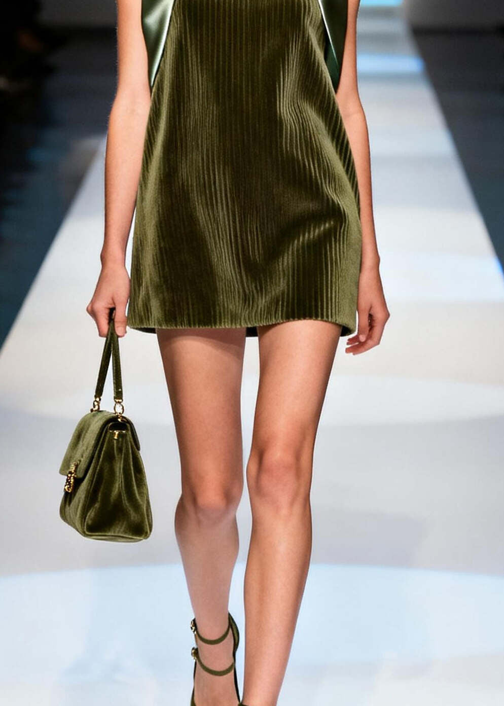 Fine Dull Green Patchwork Corduroy Mid Dress Sleeveless