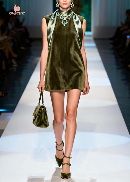 Fine Dull Green Patchwork Corduroy Mid Dress Sleeveless