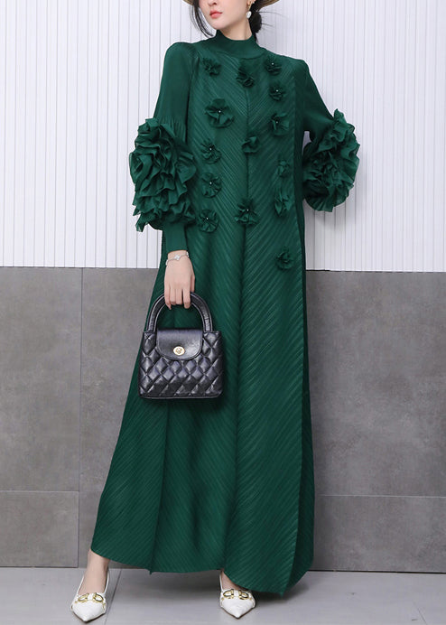 Fine Emerald Floral Decorated Dinner Dress Pleated Texture Scallop Trim