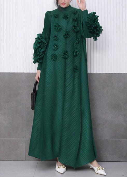Fine Emerald Floral Decorated Dinner Dress Pleated Texture Scallop Trim