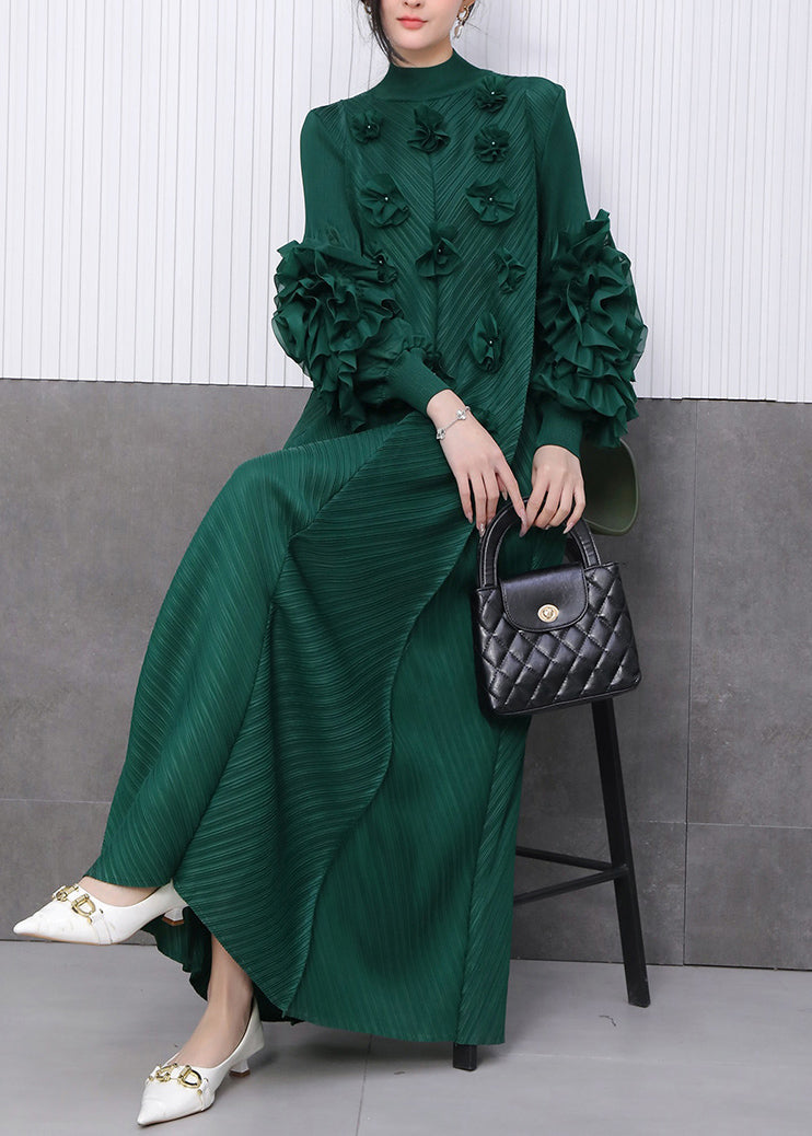 Fine Emerald Floral Decorated Dinner Dress Pleated Texture Scallop Trim