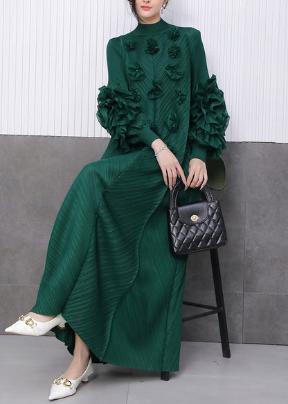 Fine Emerald Floral Decorated Dinner Dress Pleated Texture Scallop Trim