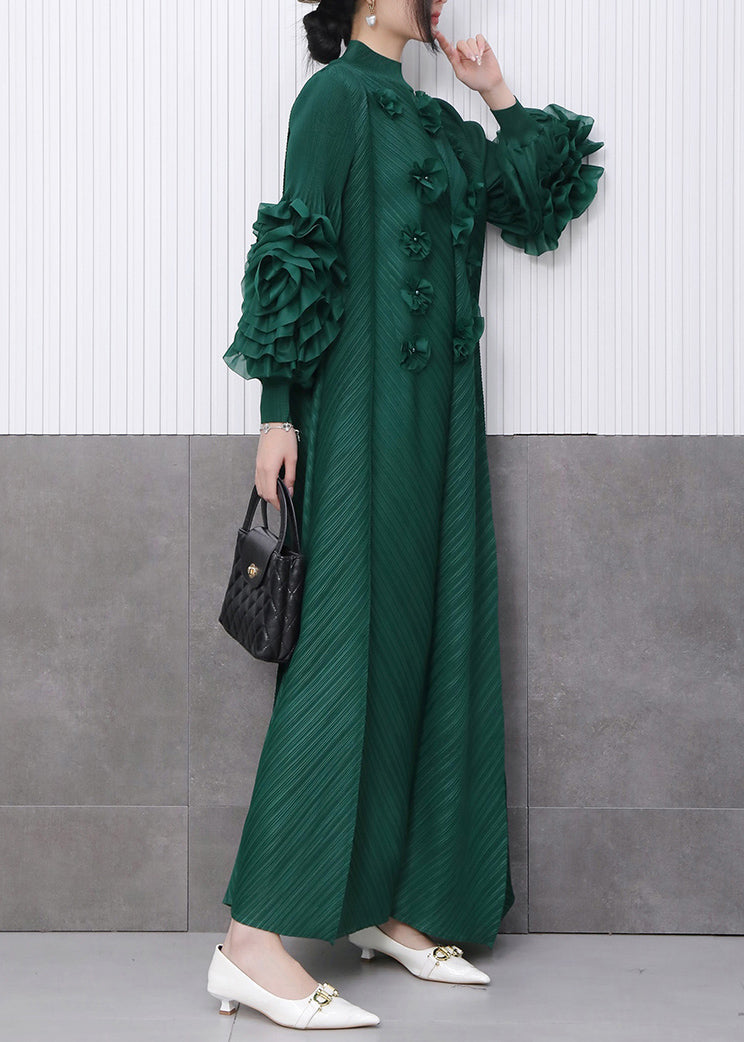 Fine Emerald Floral Decorated Dinner Dress Pleated Texture Scallop Trim