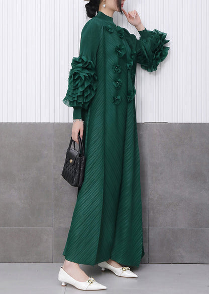 Fine Emerald Floral Decorated Dinner Dress Pleated Texture Scallop Trim