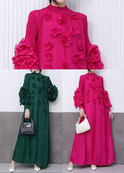 Fine Emerald Floral Decorated Dinner Dress Pleated Texture Scallop Trim