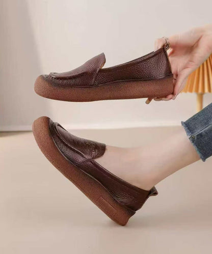 Fine Flower Embossing Flat Shoes Brown Faux Leather