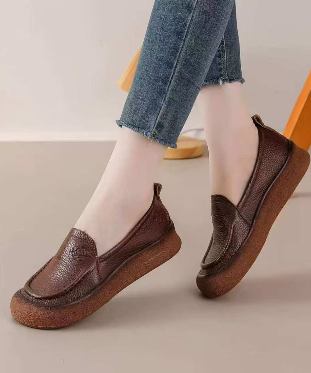 Fine Flower Embossing Flat Shoes Brown Faux Leather