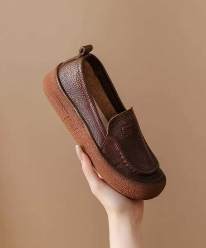 Fine Flower Embossing Flat Shoes Brown Faux Leather
