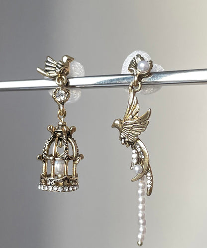 Fine Gold Alloy Asymmetrica Pearl Flying Bird Birdcage Tassel Drop Earrings