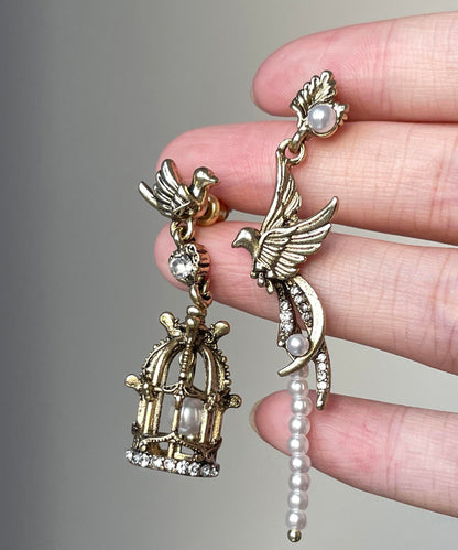Fine Gold Alloy Asymmetrica Pearl Flying Bird Birdcage Tassel Drop Earrings