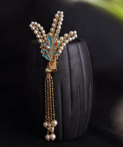 Fine Gold Alloy Enameling Pearl Tassel Hairpin