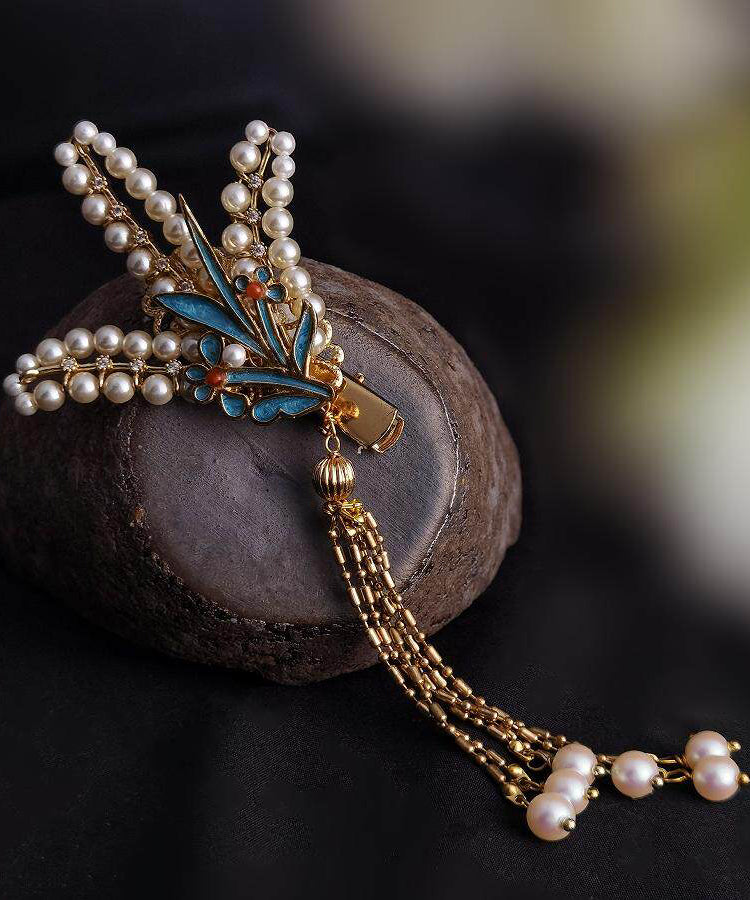 Fine Gold Alloy Enameling Pearl Tassel Hairpin