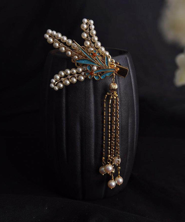 Fine Gold Alloy Enameling Pearl Tassel Hairpin