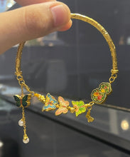 Load image into Gallery viewer, Fine Gold Ancient Gold Pearl Enamel Butterfly Tassel Bangle