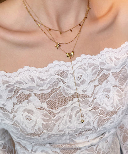 Fine Gold Bow Tassel Layering Alloy Two Piece Set Necklace