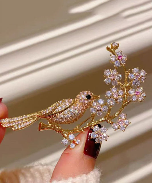 Fine Gold Copper Alloy Zircon Magpie Plum Blossom Brooches