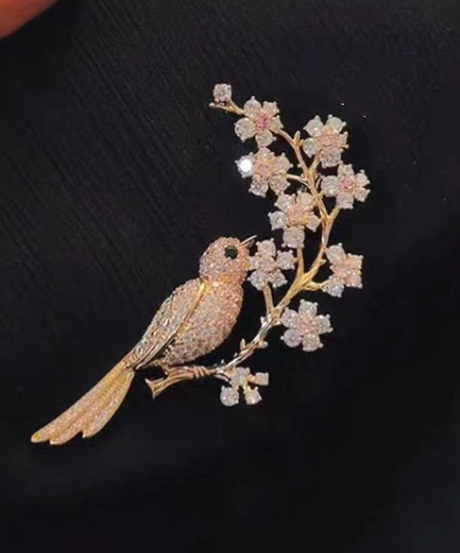 Fine Gold Copper Alloy Zircon Magpie Plum Blossom Brooches