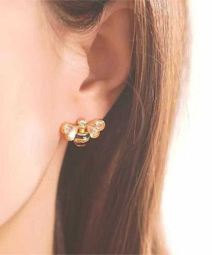 Fine Gold Copper Overgild Zircon Drip Glaze Little Bee Stud Earrings
