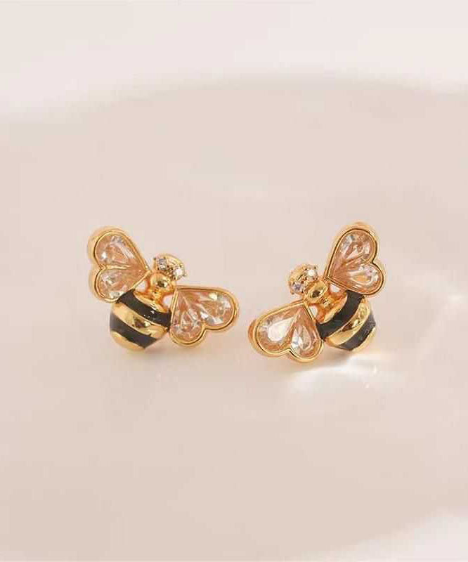 Fine Gold Copper Overgild Zircon Drip Glaze Little Bee Stud Earrings