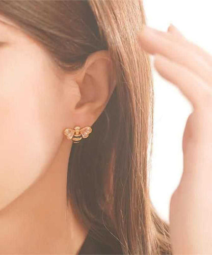 Fine Gold Copper Overgild Zircon Drip Glaze Little Bee Stud Earrings