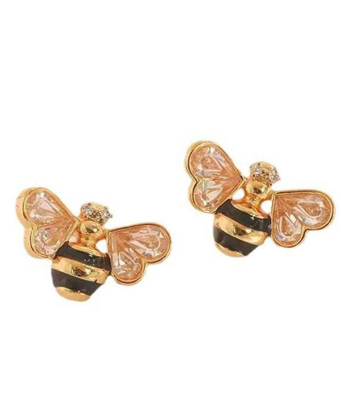 Fine Gold Copper Overgild Zircon Drip Glaze Little Bee Stud Earrings