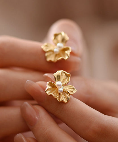 Fine Gold Floral Pearl 14K Gold Stud Earrings