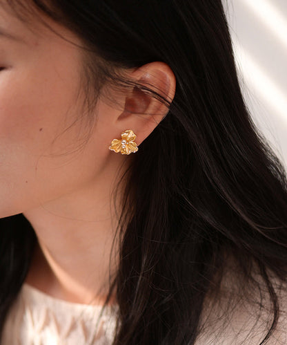 Fine Gold Floral Pearl 14K Gold Stud Earrings