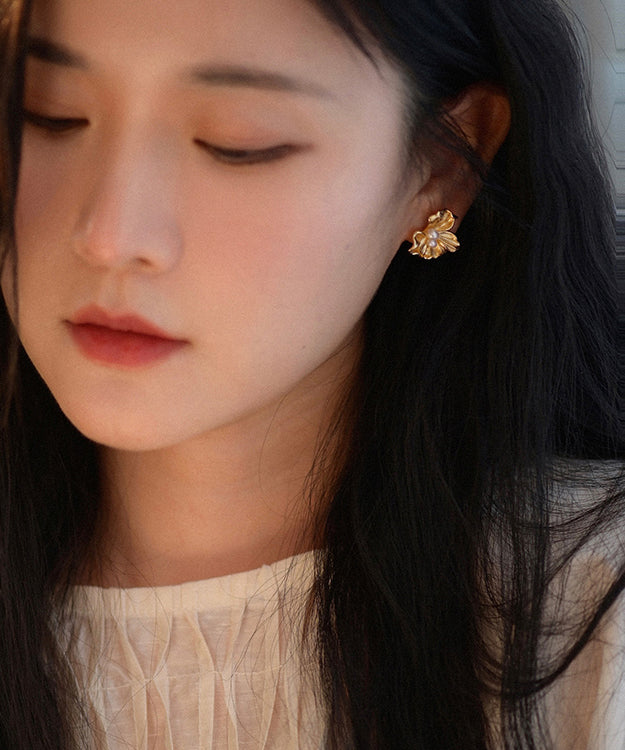 Fine Gold Floral Pearl 14K Gold Stud Earrings