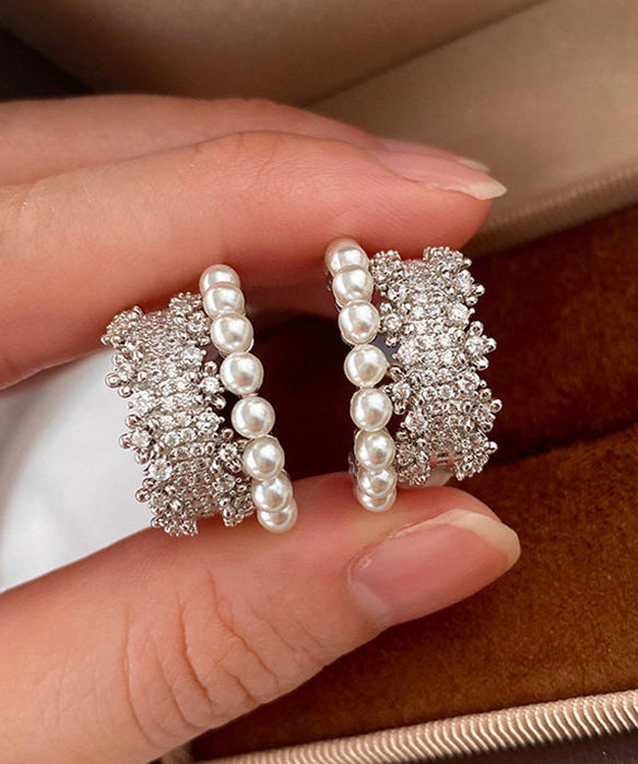Fine Gold Zircon Pearl Copper Stud Earrings