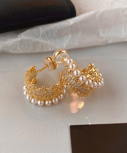 Fine Gold Zircon Pearl Copper Stud Earrings