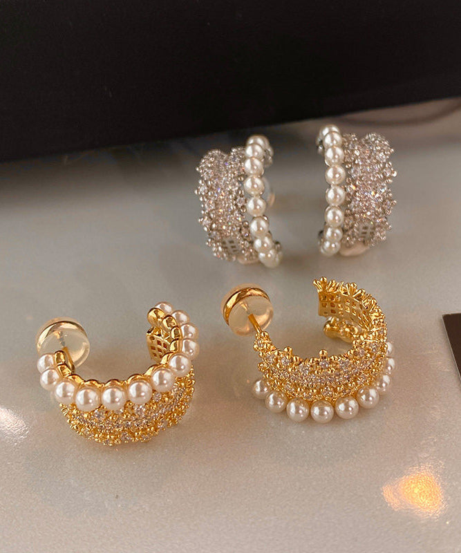 Fine Gold Zircon Pearl Copper Stud Earrings