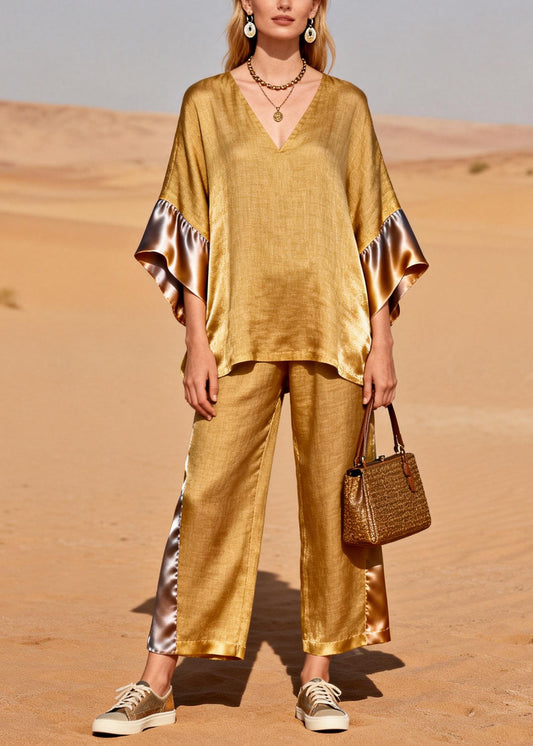 Fine Golden Oversized Patchwork Linen Silk Two Pieces Set Spring