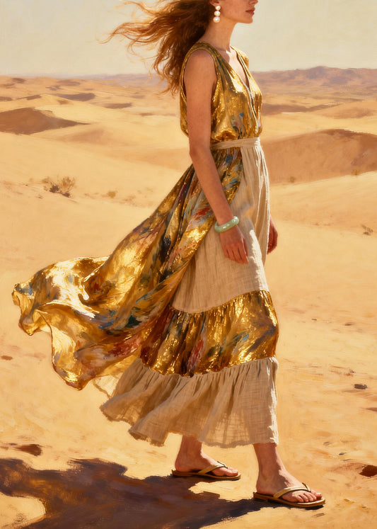Fine Golden Tie Dye Patchwork Exra Large Hem Silk Party Dress Summer