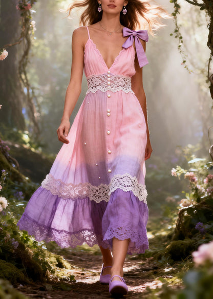 Fine Gradient Color Lace Patchwork Fine Pearl Cotton Mini Dress Summer
